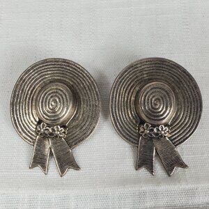 Vintage Silver Tone Metal Straw Hat Ribbon Design Post Earrings